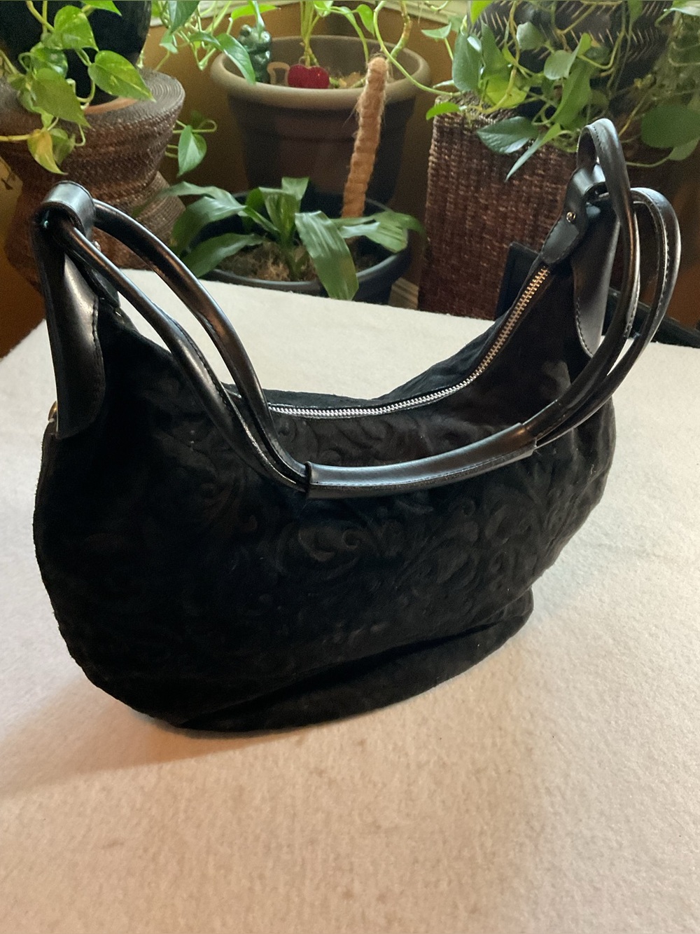 Kewechris of Paris  Black Suede Leather Bag with Gold Zipper